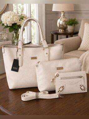 NWT BCBGMAXAZRIA Off-White 3-Piece Shoulder Bag Set | Tote, Crossbody & Pouch